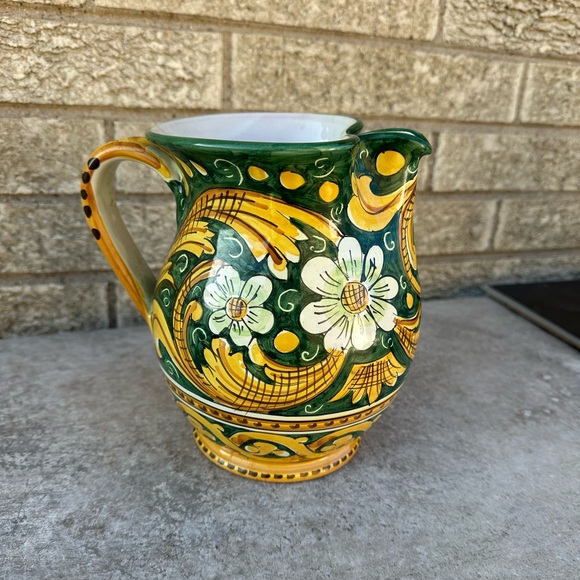 Other - Italian Hand-Painted Ceramic Pitcher in Green and Yellow